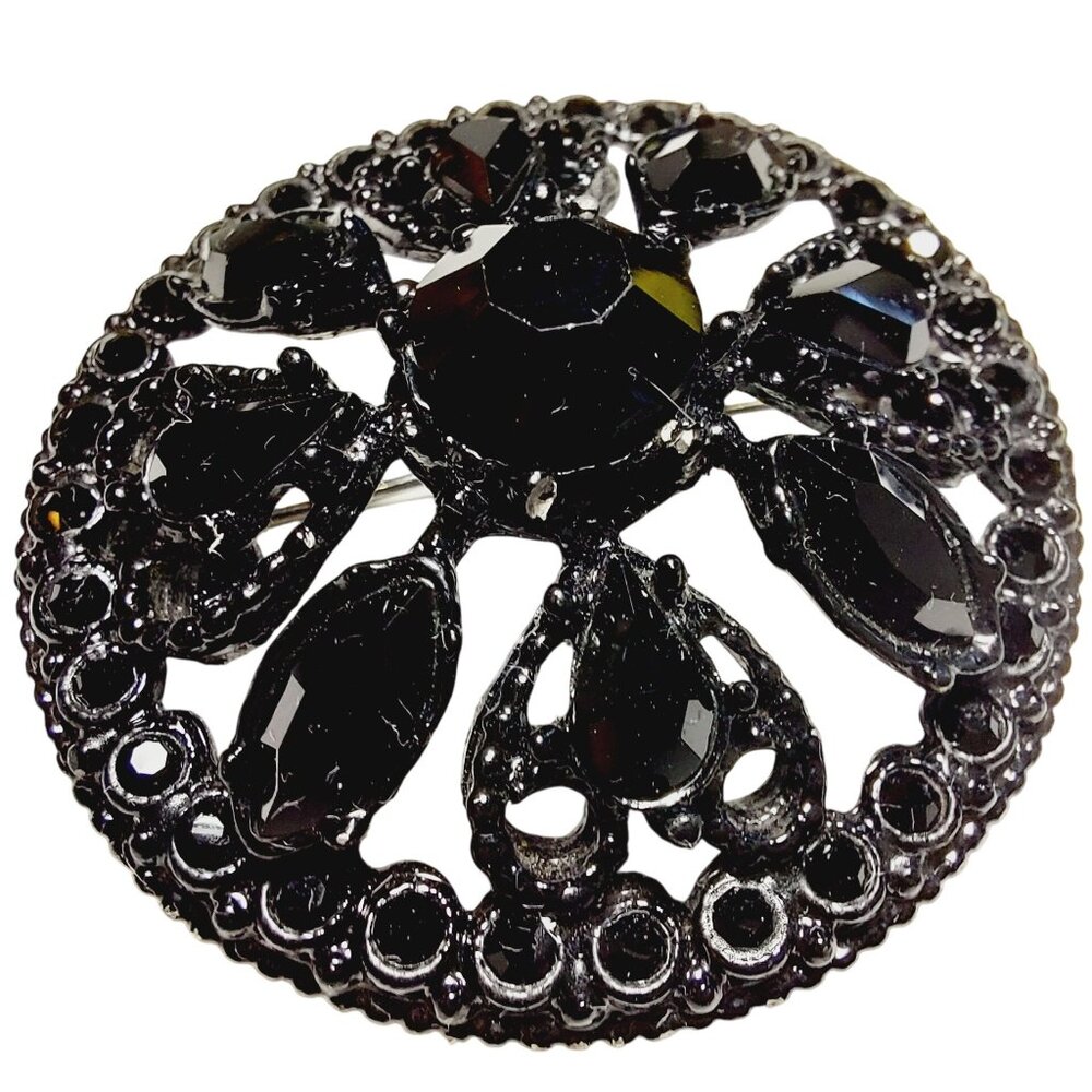 Vintage Domed Black Rhinestone Round Brooch Filigree Design Mourning Pin - Picture 4 of 7